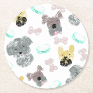 Dessous-de-verre Rond En Papier Gribouillages Fête Chien Rose Bleu