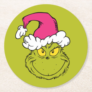 Dessous-de-verre Rond En Papier Grinch avec un chapeau de Père Noël rose