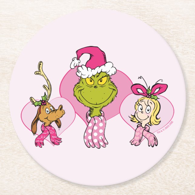 Dessous-de-verre Rond En Papier Grinch Crew in Pink Valentine's Portrait (Devant)