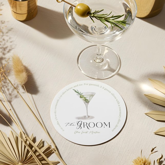 Dessous-de-verre Rond En Papier Groom Signature Cocktail Aquarelle Mariage Boisson (Groom Signature Cocktail Watercolor Wedding Drink Round Paper Coaster)