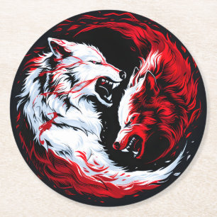 Dessous-de-verre Rond En Papier Guerrier Loup Cosmique Rouge Blanc