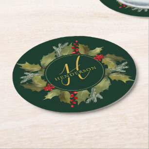 Dessous-de-verre Rond En Papier Guirlande de houx de manuscrit de monogramme