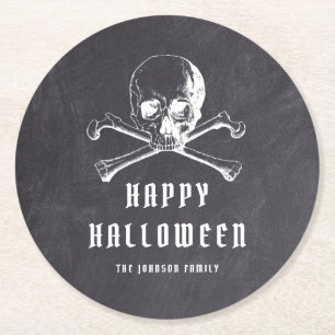 Dessous-de-verre Rond En Papier Halloween vintage noir pirate crâne et os