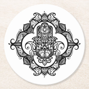 Dessous-de-verre Rond En Papier Hamsa avec le griffonnage ethnique d'ornements