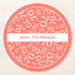 Dessous-de-verre Rond En Papier "Happy 70th Birthday" Coral/Motif numérique blanc<br><div class="desc">Cette conception a un motif de nombres aléatoires corail et blanc dans l'arrière - plan créé avec le numéro de jalon 70 répété dans des tailles et angles variés dans une impression tout-en-un. Il y a une bannière blanche au centre avec le message "Joyeux 70e anniversaire". Le design numérique cool...</div>