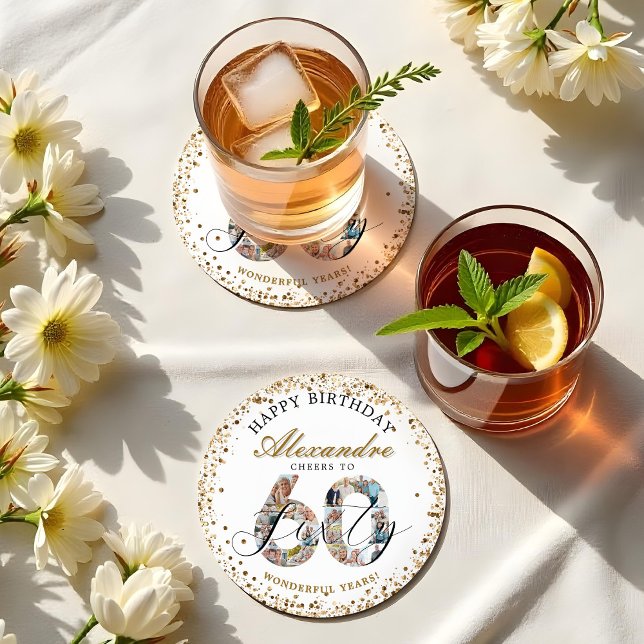 Dessous-de-verre Rond En Papier  Happy Birthday Cheers To 60 Years Photo Collage (Happy Birthday Cheers To 60 Years Photo Collage Round Paper Coaster)