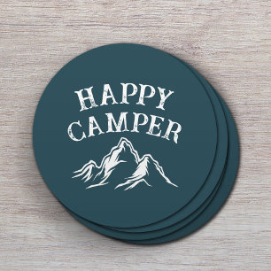 Dessous-de-verre Rond En Papier Happy Camper Mountain Adventure Camping Turquoise