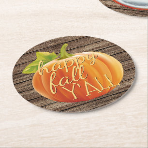 Dessous-de-verre Rond En Papier Happy Fall Y'all Orange Citrouille sur Planks Moti