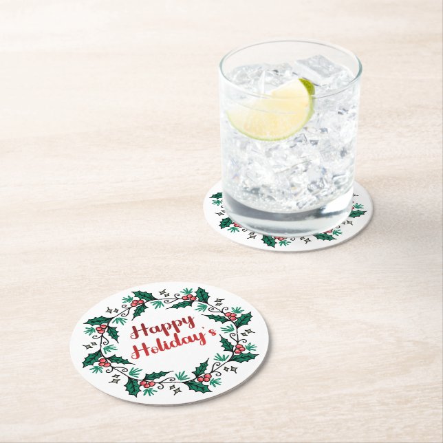Dessous-de-verre Rond En Papier Happy Holiday's Wreath Paper Coaster (En situation)