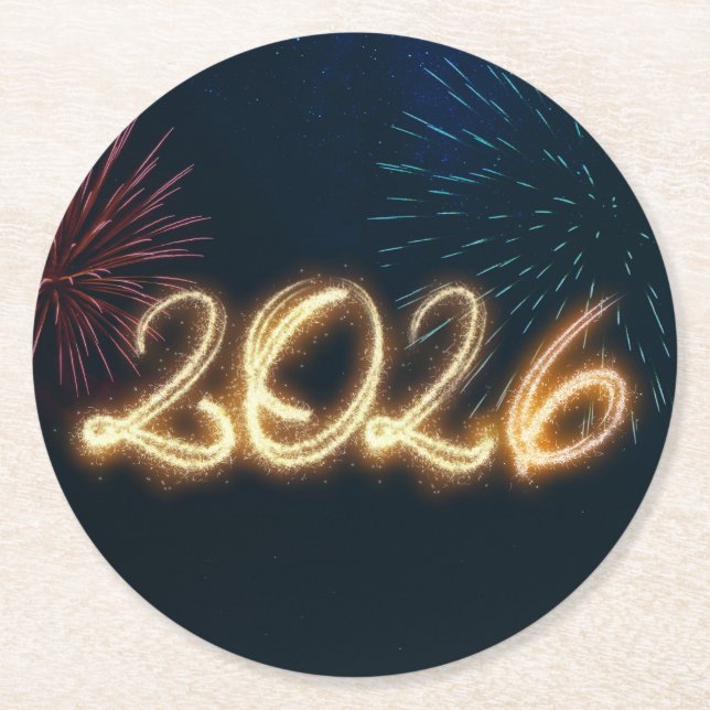 Dessous-de-verre Rond En Papier Happy New Year 2026 Sparkling Fireworks (Devant)