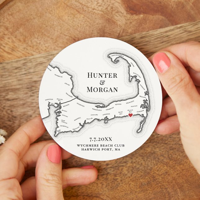 Dessous-de-verre Rond En Papier Harwich Port MA Wychmere Beach Club Mariage (Custom Wedding Drink Coaster with a Harwich Port Cape Cod Map for a wedding at Wychmere Beach Club)