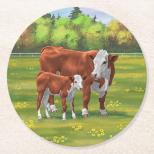 Dessous-de-verre Rond En Papier Hereford Cow & Cute Calf dans les pâturages d'été