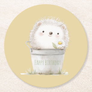 Dessous-de-verre Rond En Papier Hérisson de jardin jaune avec anniversaire de fleu