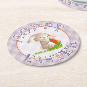 Dessous-de-verre Rond En Papier Heureux Bunny Pâques rose En vichy Motif