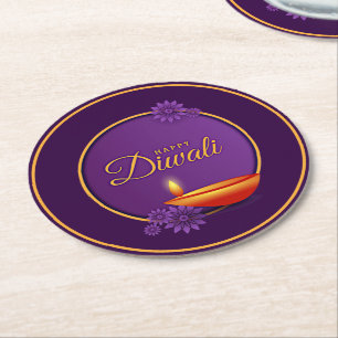 Dessous-de-verre Rond En Papier Heureux Diwali Diya bougie violet or