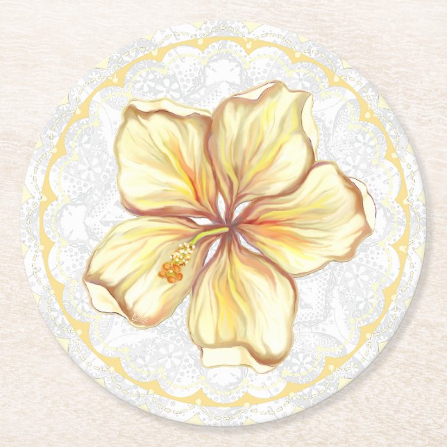 Dessous-de-verre Rond En Papier Hibiscus & dentelle JAUNE (Devant)