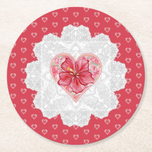 Dessous-de-verre Rond En Papier Hibiscus & dentelle RED