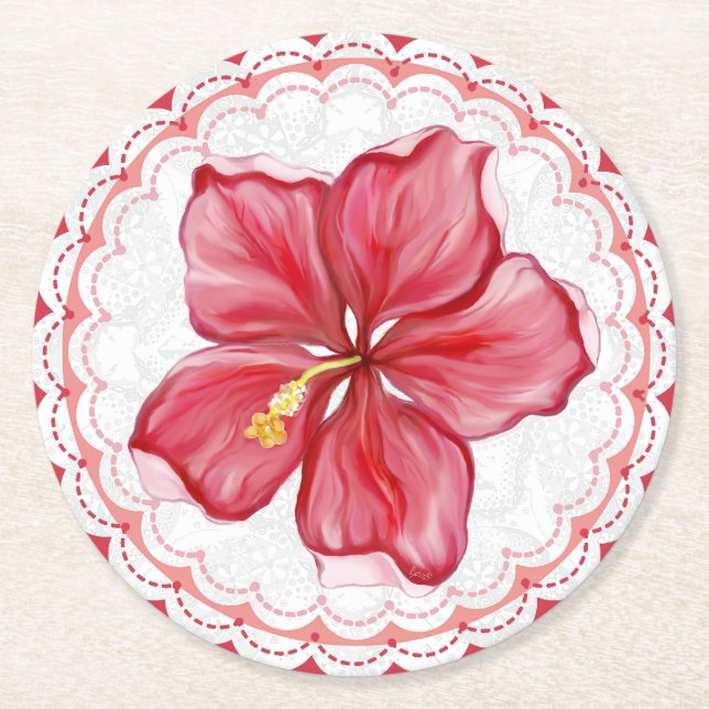 Dessous-de-verre Rond En Papier Hibiscus & dentelle RED (Devant)