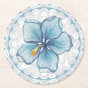 Dessous-de-verre Rond En Papier Hibiscus & dentelle TURQUOISE