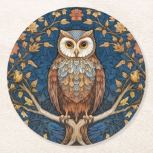 Dessous-de-verre Rond En Papier Hibou sur une branche bleu automne arrière - plan
