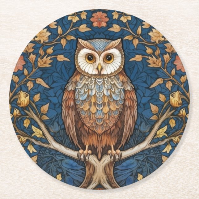 Dessous-de-verre Rond En Papier Hibou sur une branche bleu automne arrière - plan  (Devant)