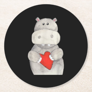 Dessous-de-verre Rond En Papier Hippopotame mignon tenant le coeur Love Hippo