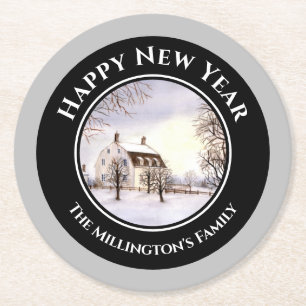 Dessous-de-verre Rond En Papier Hiver en Nouvelle-Angleterre Noël Cercle gris noir
