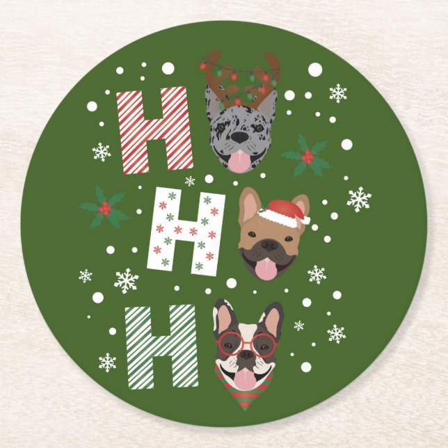 Dessous-de-verre Rond En Papier Ho Ho Ho French Bulldog Joyeux Noël (Devant)