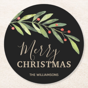 Dessous-de-verre Rond En Papier Holly et Berries sur Black Joyer Noël