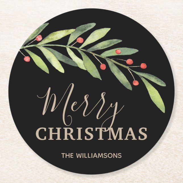 Dessous-de-verre Rond En Papier Holly et Berries sur Black Joyer Noël (Devant)