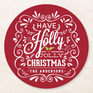 Dessous-de-verre Rond En Papier Holly Jolly Noël Chalkboard Fête de Noël Rouge