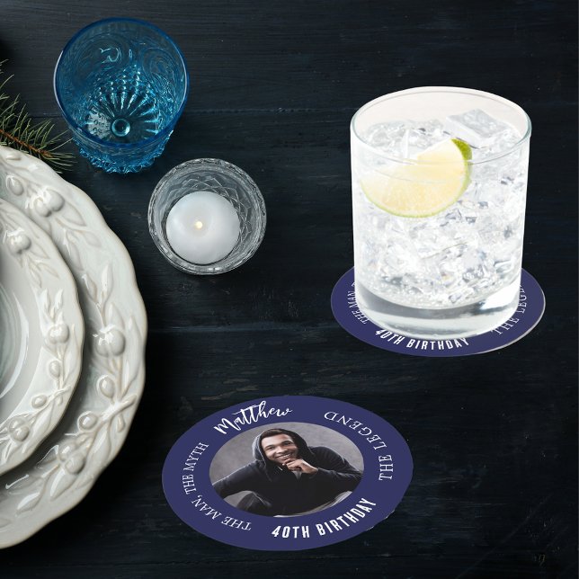 Dessous-de-verre Rond En Papier Homme mythe légende photo marine bleu fête d'anniv (Créateur téléchargé)