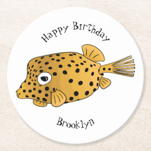Dessous-de-verre Rond En Papier Illustration de cartoon de poisson coffre jaune