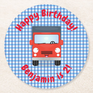 Dessous-de-verre Rond En Papier Illustration de dessin animé de camion rouge heure