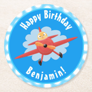 Dessous-de-verre Rond En Papier Illustration d'un avion rouge volant mignon