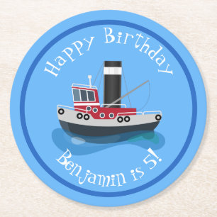 Dessous-de-verre Rond En Papier Illustration d'un bateau à chalutier mignon
