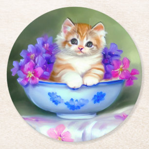 Dessous-de-verre Rond En Papier Illustration vintage de chaton orange et blanc