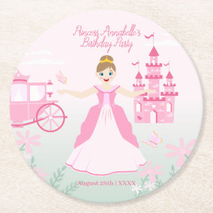 Dessous-de-verre Rond En Papier Imaginaire rose princesse fête d'anniversaire