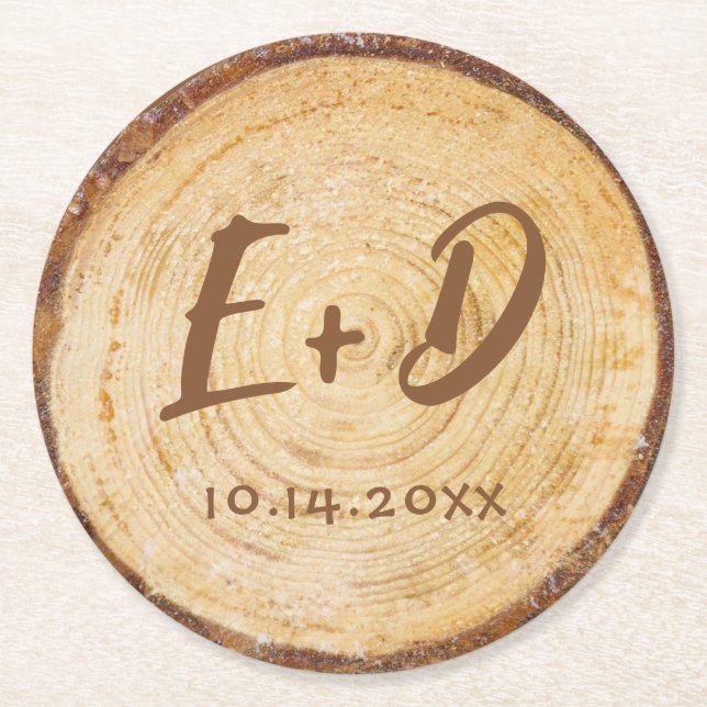 Dessous-de-verre Rond En Papier Initiales de mariage rustiques tranche de bois mar (Devant)