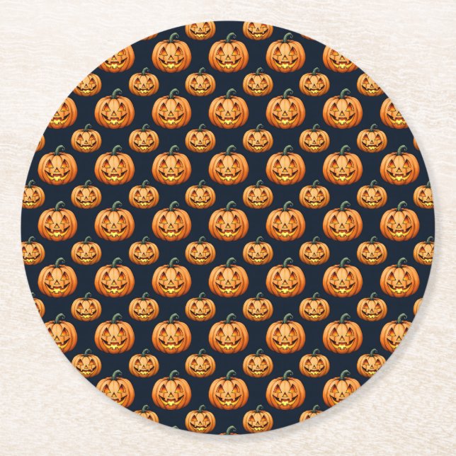 Dessous-de-verre Rond En Papier Jack o'Lanterns sur l'Halloween noir (Devant)