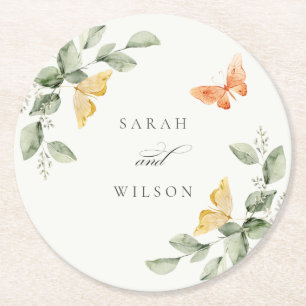 Dessous-de-verre Rond En Papier Jardin Jaune mignon Papillons Mariage