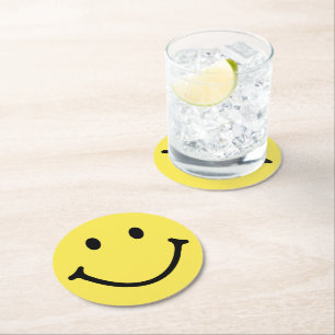 Dessous-de-verre Rond En Papier Jaune brillant et joyeux visage souriant
