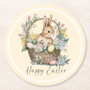 Dessous-de-verre Rond En Papier Jaune Joyeux Lapin De Pâques