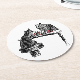 Dessous-de-verre Rond En Papier Jeux de société Deux chats jouant aux échecs Match