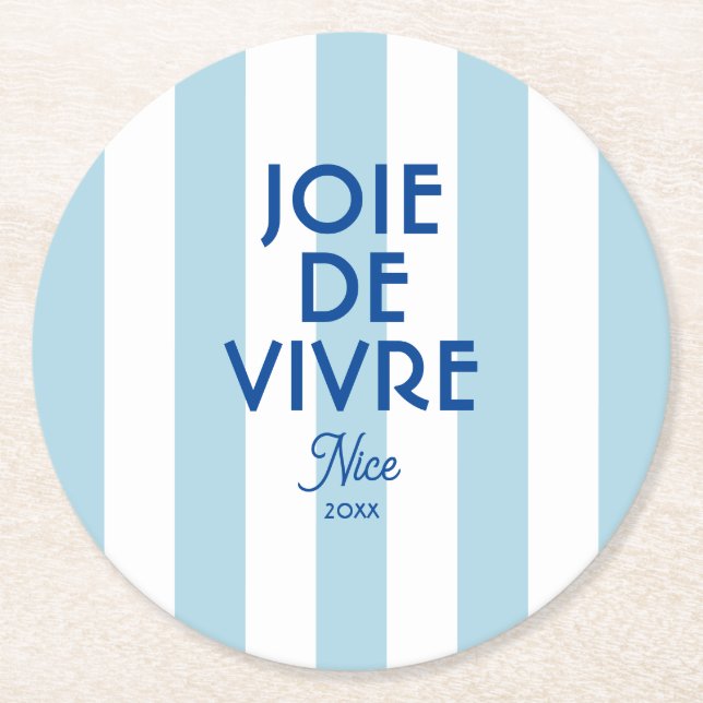 Dessous-de-verre Rond En Papier Joie De Vivre Nice Blue Cabana Stripe Français (Devant)