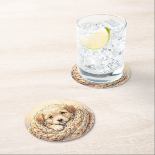 Dessous-de-verre Rond En Papier Joli chiot enveloppé dans une couverture tricotée