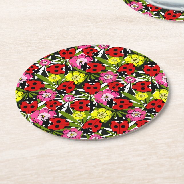 Dessous-de-verre Rond En Papier Joli Motif Ladybug et Fleurs mignonne (Incliné)
