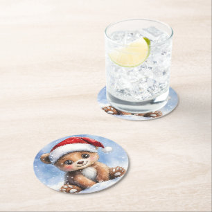 Dessous-de-verre Rond En Papier Joli Noël d'hiver ours en peluche Santa en aquarel