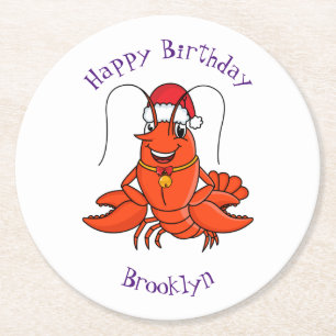 Dessous-de-verre Rond En Papier Jolie homard heureux portant un chapeau de Noël ca