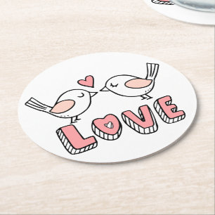 Dessous-de-verre Rond En Papier Jolis Oiseaux de l'Amour Rose et Blanc Mariage Ins